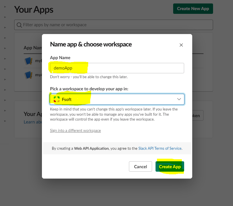 Name app & choose workspace